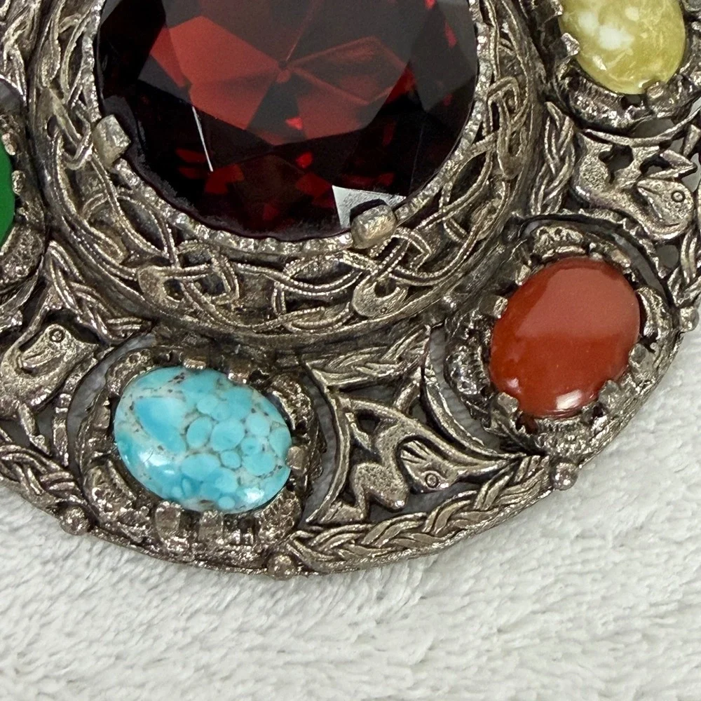Miracle Vintage‎ Celtic Brooch Red Glass Multi Stone Silver Tone Scottish Pin